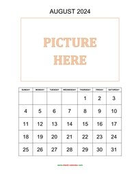 Printable August 2024 Calendar, pictures can be placed at the top (vertical)
