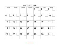 Printable August 2024 Calendar with check boxes (horizontal)