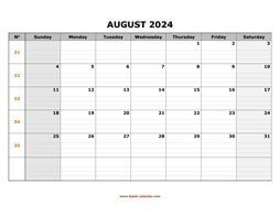 Printable August 2024 Calendar, large box grid, space for notes (horizontal)