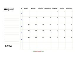 Printable August 2024 Calendar, large box, Federal Holidays listed, space for notes (horizontal)