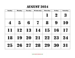 Printable August 2024 Calendar, large font design , holidays on red (horizontal)