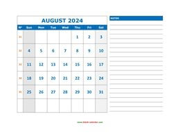 Printable August 2024 Calendar, large space for appointment and notes (horizontal)