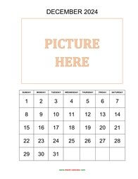 Printable December 2024 Calendar, pictures can be placed at the top (vertical)