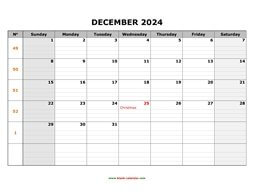printable december 2024 calendar large box grid, space for notes