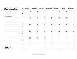 printable december 2024 calendar, large box, space for notes