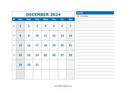 Printable December 2024 Calendar, large space for appointment and notes (horizontal)