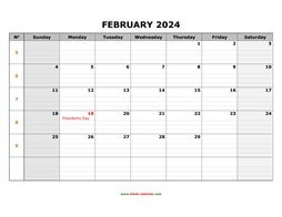 Printable February 2024 Calendar, large box grid, space for notes (horizontal)