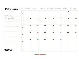 printable february 2024 calendar, large box, space for notes