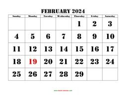 Printable February 2024 Calendar, large font design , holidays on red (horizontal)