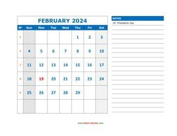 Printable February 2024 Calendar, large space for appointment and notes (horizontal)