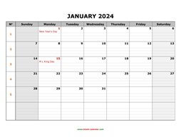 printable january 2024 calendar large box grid, space for notes