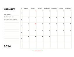 printable january 2024 calendar, large box, space for notes