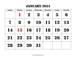Printable January 2024 Calendar, large font design , holidays on red (horizontal)