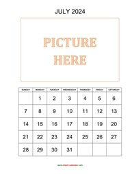printable july 2024 calendar, pictures can be placed at the top