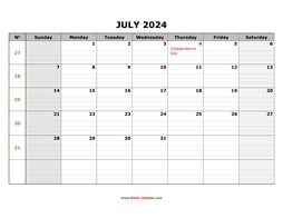 Printable July 2024 Calendar, large box grid, space for notes (horizontal)