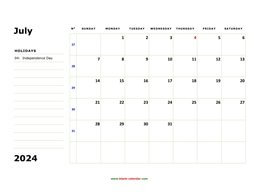 printable july calendar 2024 large box space notes