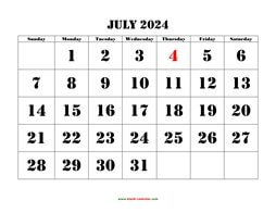 Printable July 2024 Calendar, large font design , holidays on red (horizontal)
