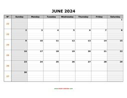 Printable June 2024 Calendar, large box grid, space for notes (horizontal)