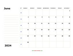 Printable June 2024 Calendar, large box, Federal Holidays listed, space for notes (horizontal)