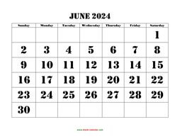 Printable June 2024 Calendar, large font design , holidays on red (horizontal)