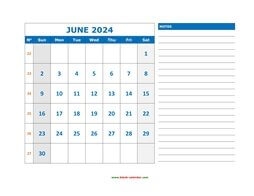 Printable June 2024 Calendar, large space for appointment and notes (horizontal)