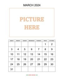 Printable March 2024 Calendar, pictures can be placed at the top (vertical)