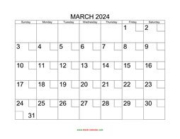 Printable March 2024 Calendar with check boxes (horizontal)