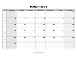 Printable March 2024 Calendar, large box grid, space for notes (horizontal)