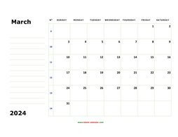 printable march 2024 calendar, large box, space for notes