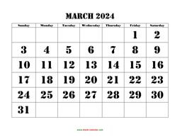 Printable March 2024 Calendar, large font design , holidays on red (horizontal)
