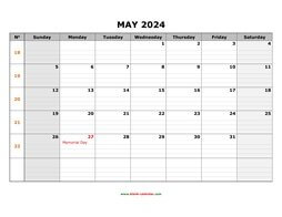 printable may 2024 calendar large box grid, space for notes