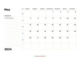 Printable May 2024 Calendar, large box, Federal Holidays listed, space for notes (horizontal)