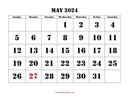 Printable May 2024 Calendar, large font design , holidays on red (horizontal)