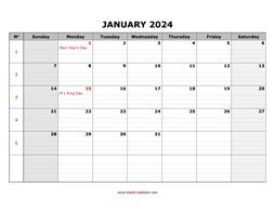 printable monthly calendar 2024 large box grid, space for notes