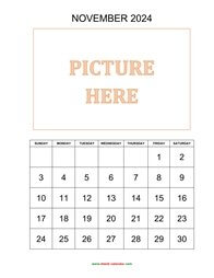 Printable November 2024 Calendar, pictures can be placed at the top (vertical)