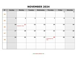 printable november 2024 calendar large box grid, space for notes