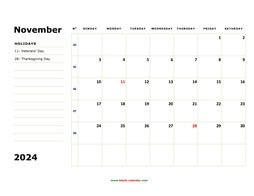 Printable November 2024 Calendar, large box, Federal Holidays listed, space for notes (horizontal)