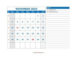 Printable November 2024 Calendar, large space for appointment and notes (horizontal)