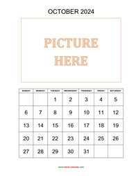 Printable October 2024 Calendar, pictures can be placed at the top (vertical)