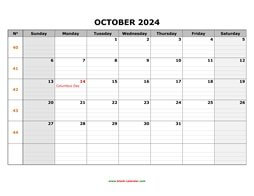 Printable October 2024 Calendar, large box grid, space for notes (horizontal)