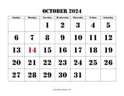 Printable October 2024 Calendar, large font design , holidays on red (horizontal)