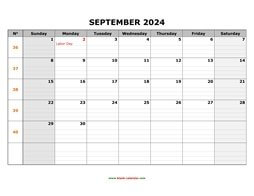 printable september 2024 calendar large box grid, space for notes
