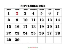 Printable September 2024 Calendar, large font design , holidays on red (horizontal)