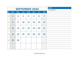 Printable September 2024 Calendar, large space for appointment and notes (horizontal)