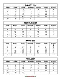 Printable Calendar 2024, 4 months per page, 3 pages (vertical)