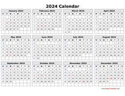 Printable Calendar 2024, Clean Design, Yearly Planner (one page, horizontal)