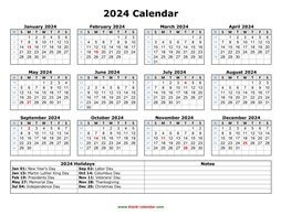 Printable Calendar 2024 with US Federal Holidays (one page, horizontal)