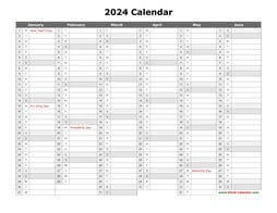 Printable Calendar 2024, month in a column (two pages, half a year per page, horizontal)