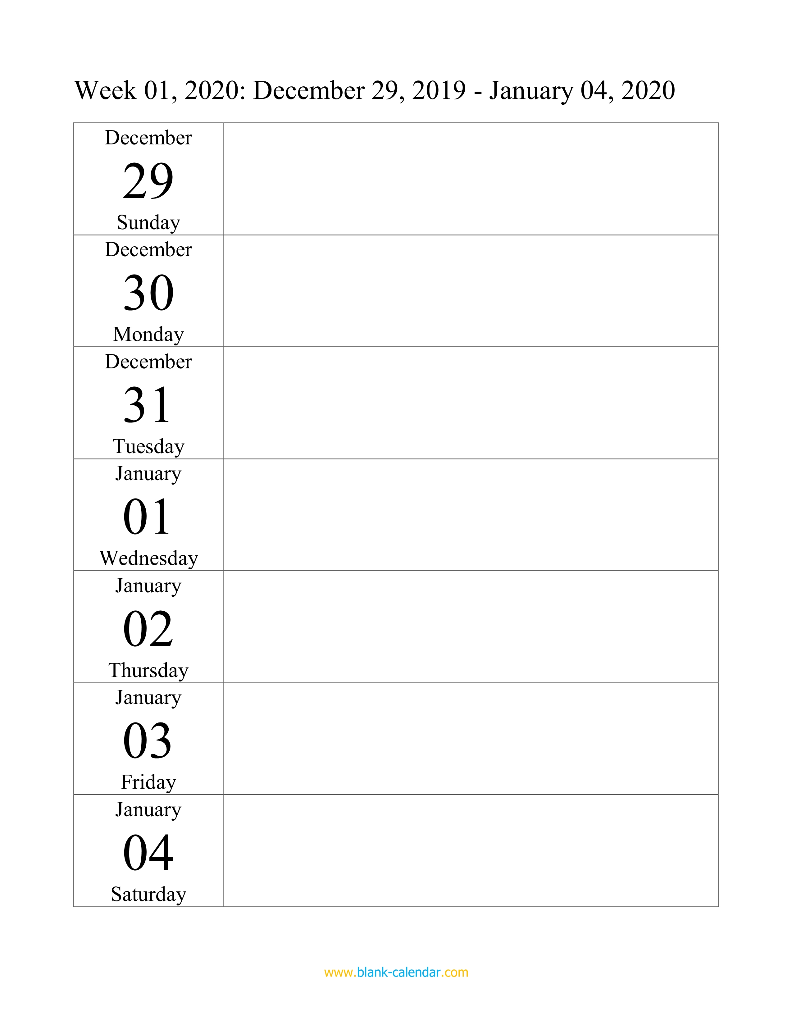 Printable Free Weekly Calendar 2020