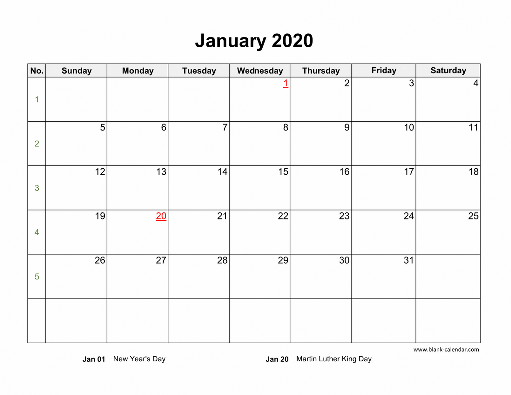 Download January 2020 Blank Calendar With Us Holidays Horizontal